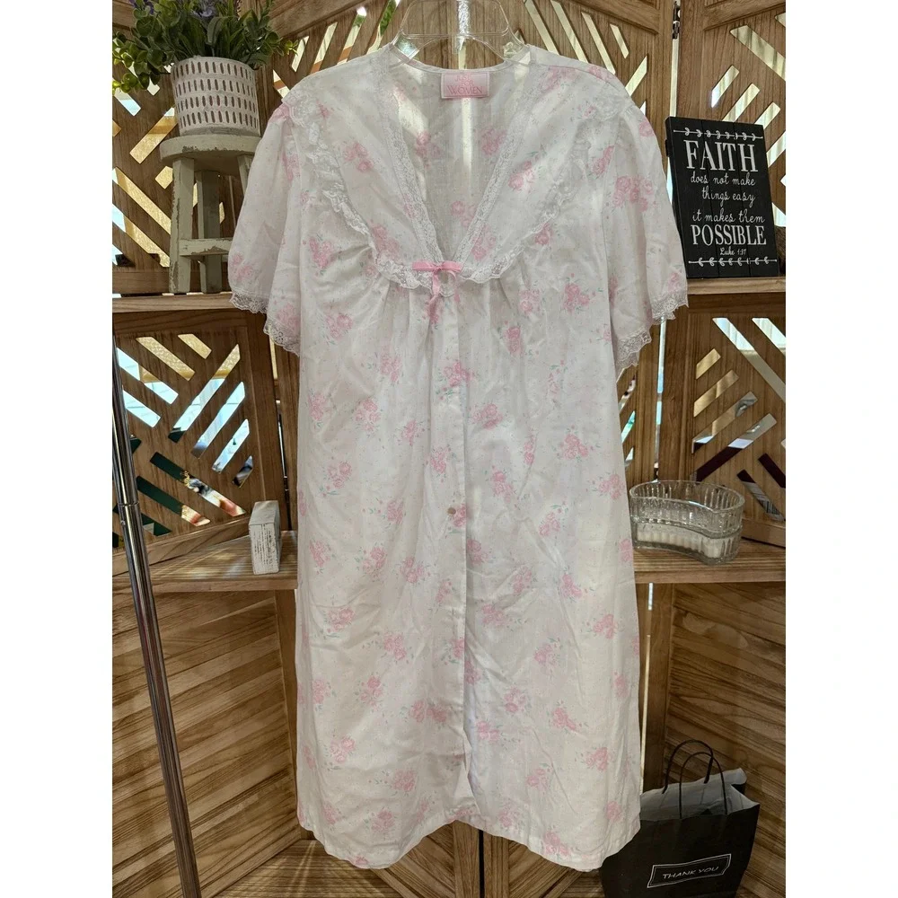 For Women Floral Lace Trim Nightgown Button Front Sleep Shirt Womens